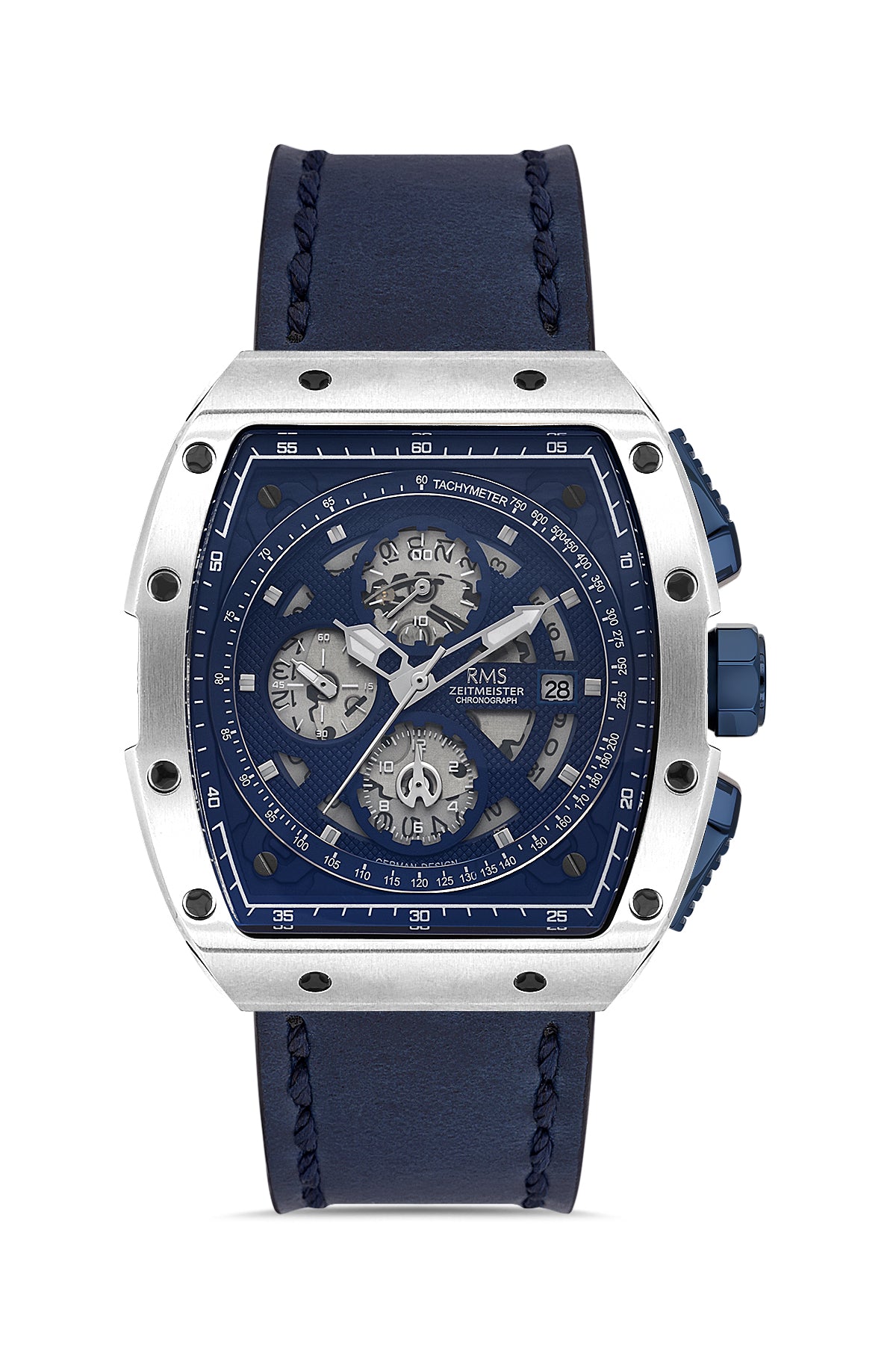 RMS Men's Blue Dial Silver Chronograph Leather Watch - RMS.1.AG2098.103