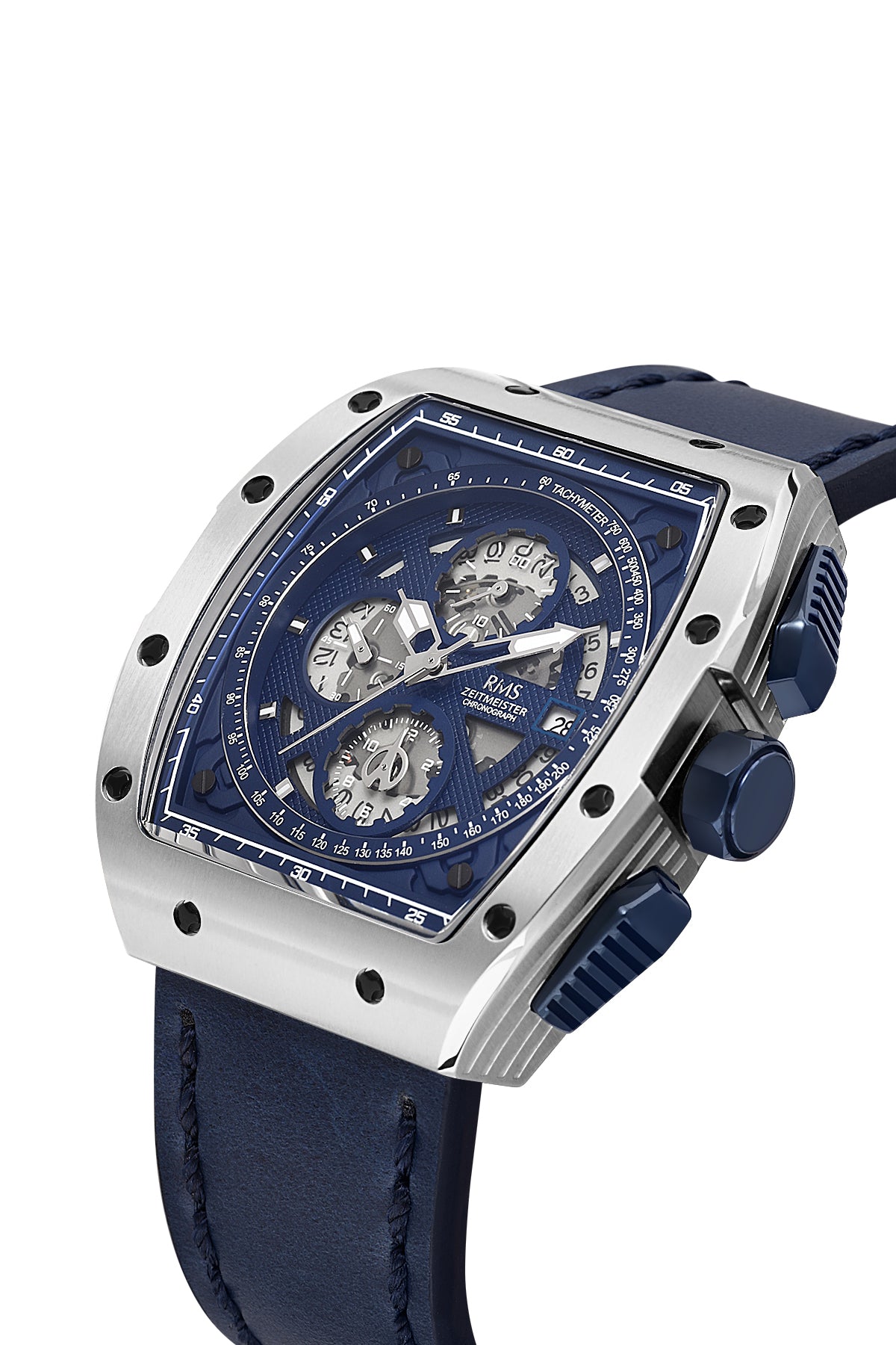 RMS Men's Blue Dial Silver Chronograph Leather Watch - RMS.1.AG2098.103 - 3