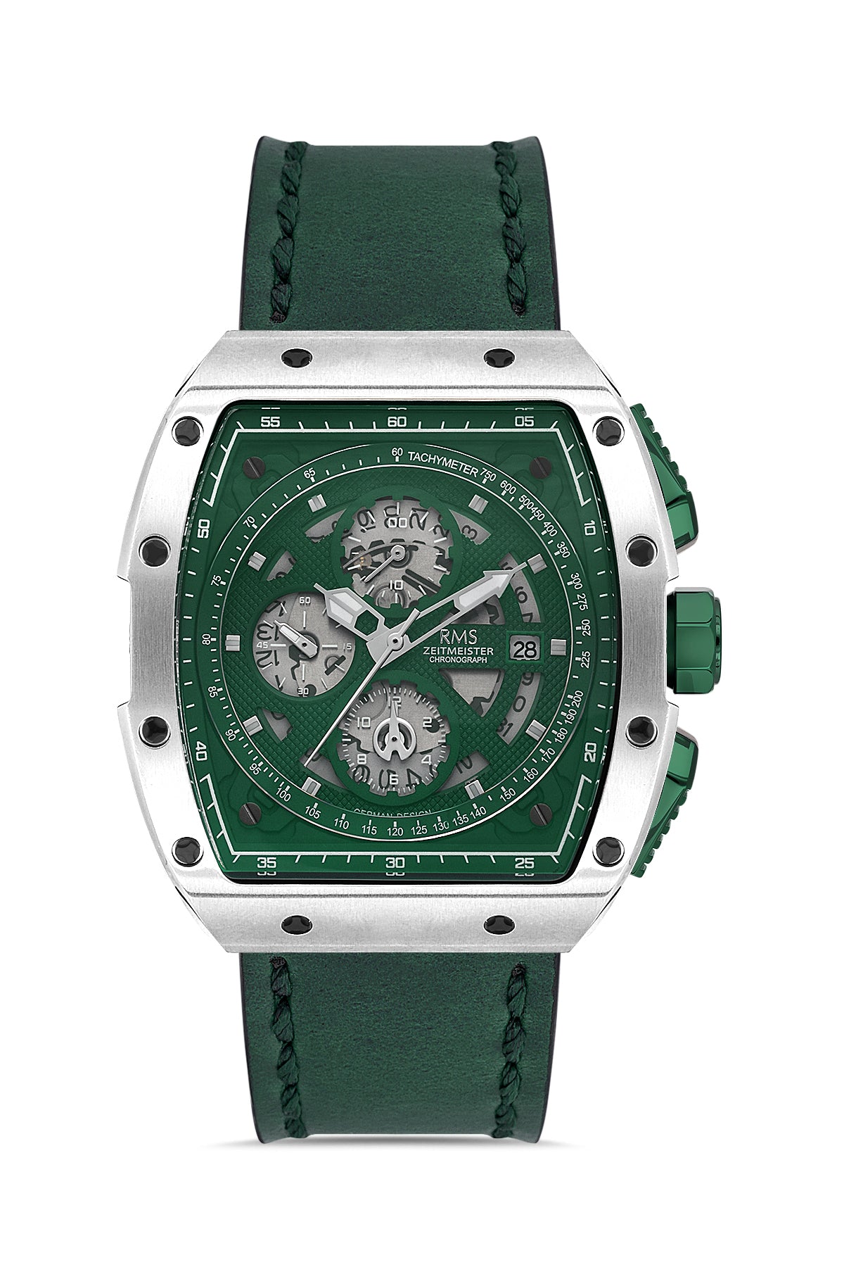 RMS Men's Green Dial Silver Chronograph Leather Watch - RMS.1.AG2098.1810