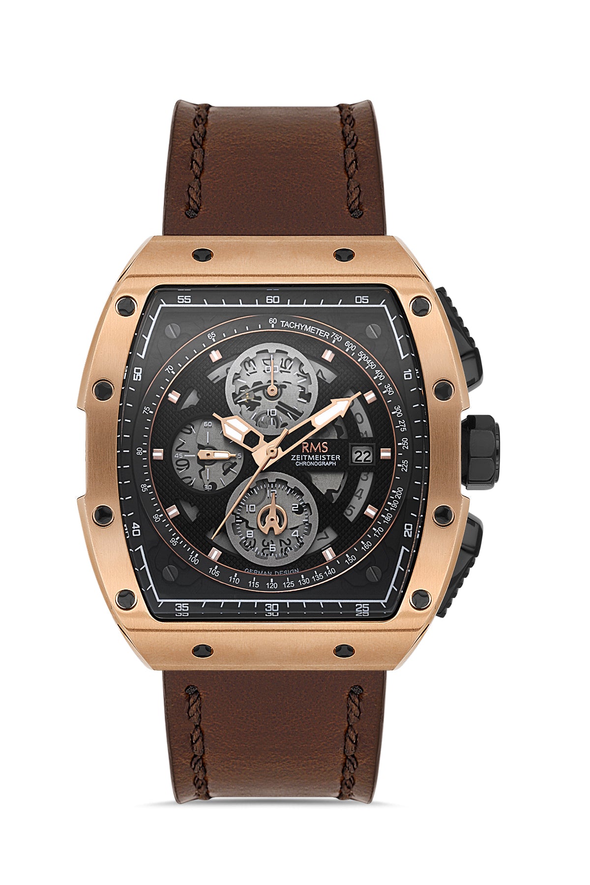 RMS Men's Black Dial Rose Gold Chronograph Leather Watch - RMS.1.AG2098.192