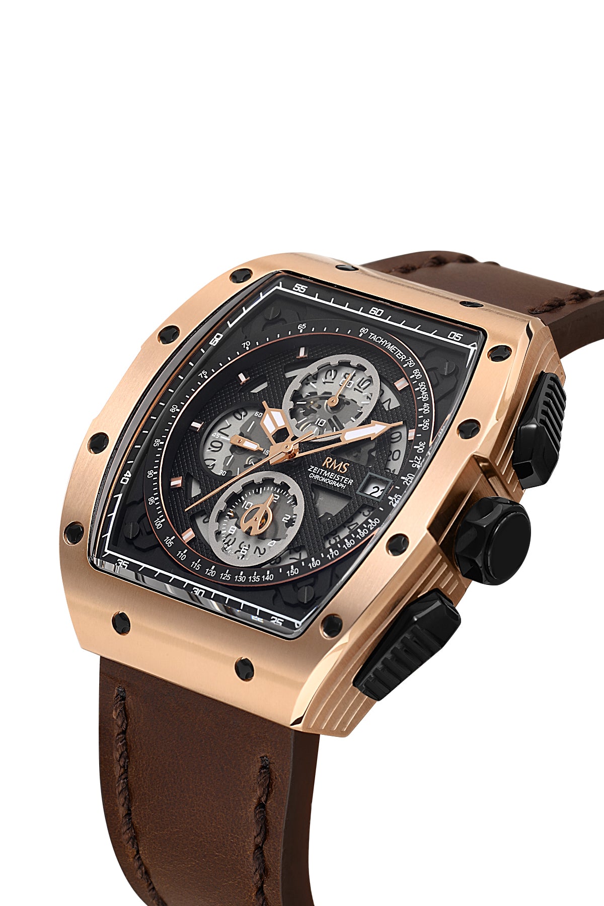 RMS Men's Black Dial Rose Gold Chronograph Leather Watch - RMS.1.AG2098.192 - 3