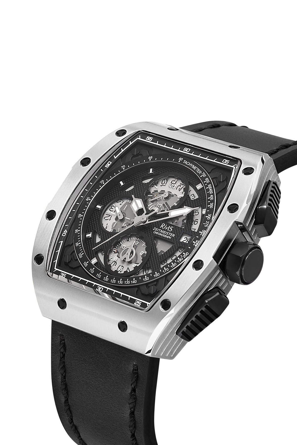 RMS Men's Black Dial Silver Chronograph Leather Watch - RMS.1.AG2098.92