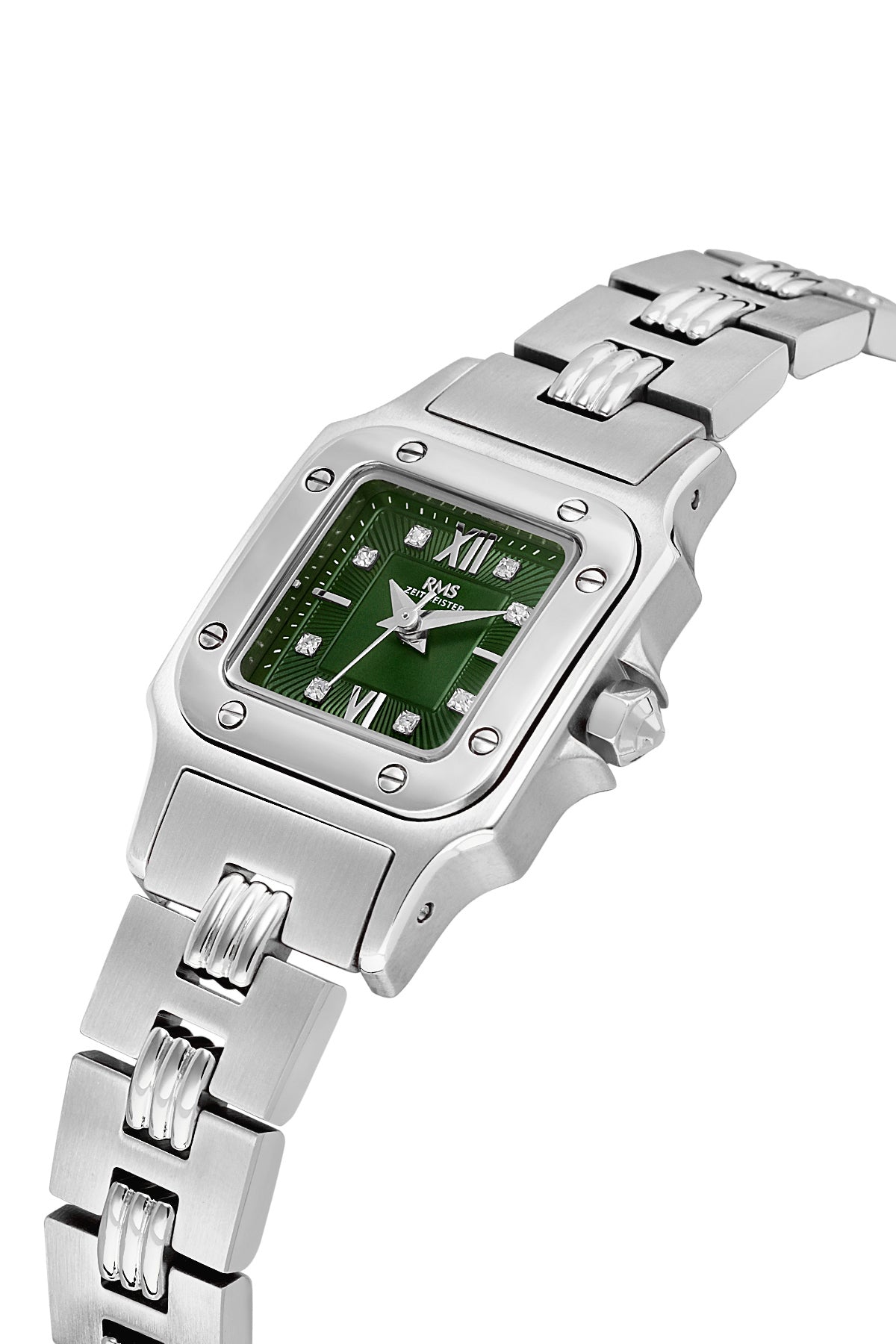 RMS Zeitmeister RMS.1.AG2108.19 women's watch with green dial, silver case and stainless steel bracelet – angled view