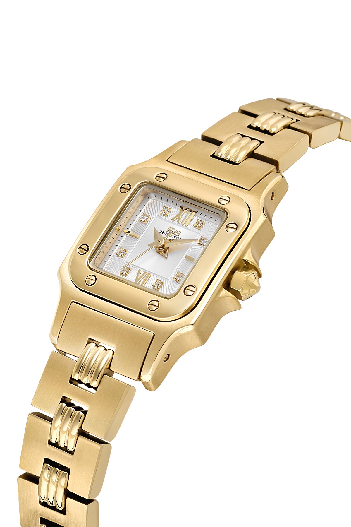 RMS Zeitmeister RMS.1.AG2108.21 women's watch with silver dial, gold case and stainless steel bracelet – angled view