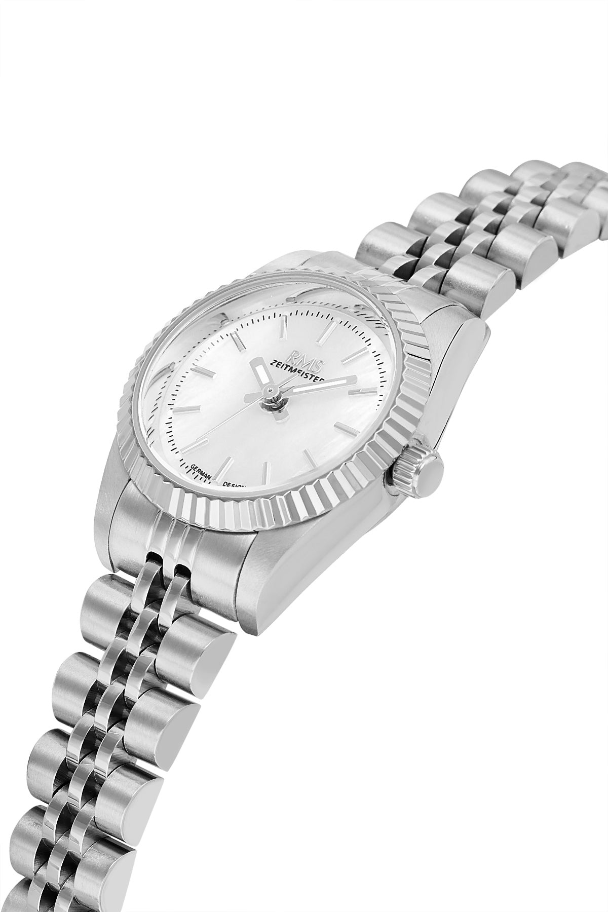 RMS Zeitmeister RMS.1.AG2117.10 women's watch with silver dial, silver case and stainless steel bracelet – side view