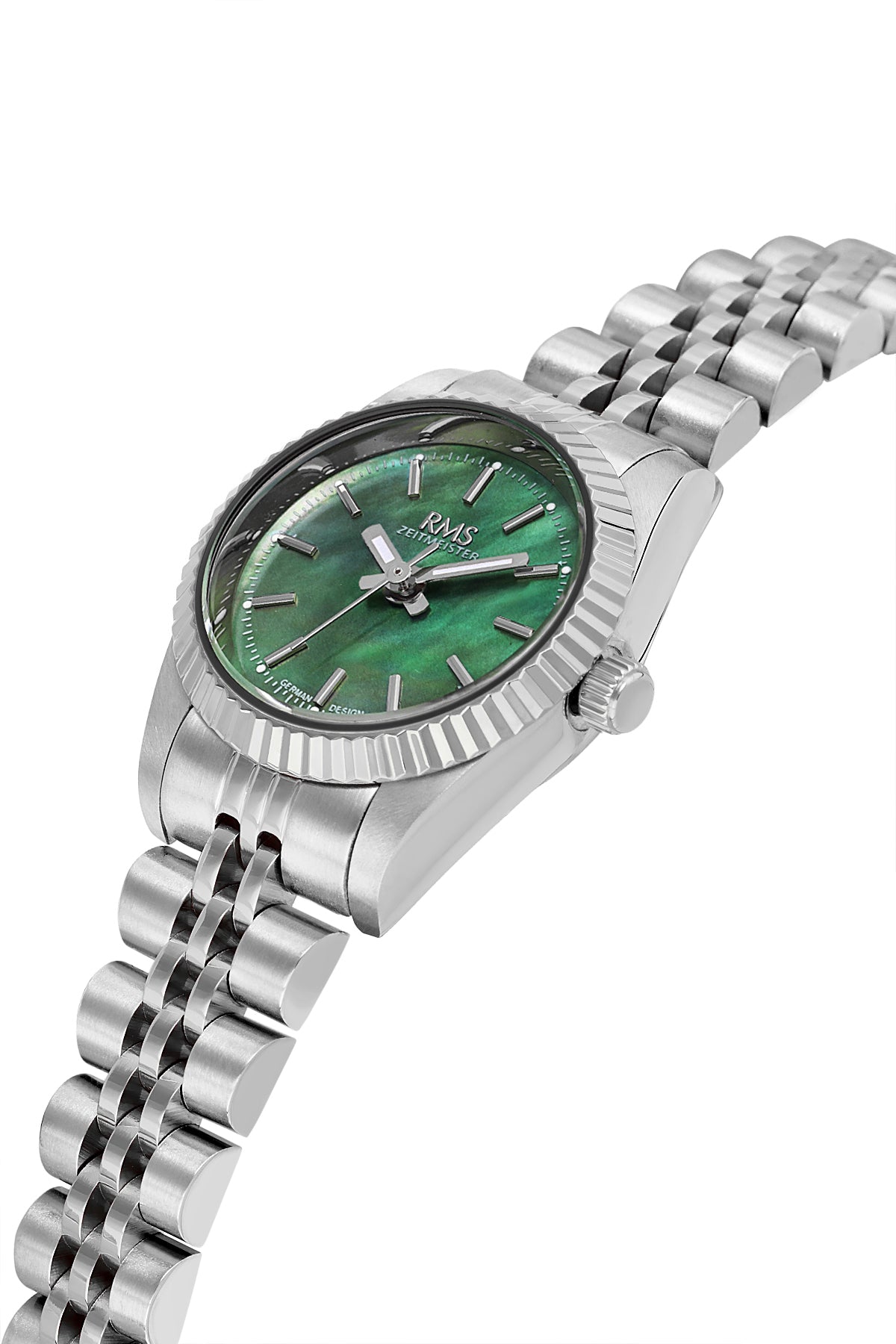 RMS Zeitmeister RMS.1.AG2117.19 women's watch with green dial, silver case and stainless steel bracelet – angled view