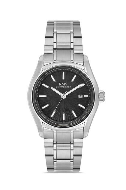 RMS Zeitmeister Black Dial Silver Plated Men's Watch - Stainless Steel Bracelet - RMS.1.AG2127.12