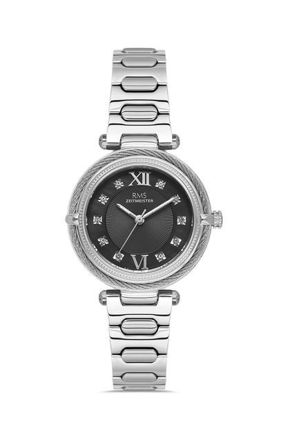 RMS Zeitmeister Black Dial Silver Plated Women's Watch - Stainless Steel Bracelet - RMS.1.AG2135.12