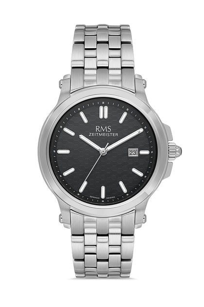 RMS ZEITMEISTER Herrenuhr – schwarzes Zifferblatt, Gehäuse in Silber, Edelstahlarmband – RMS.1.AG2151.12