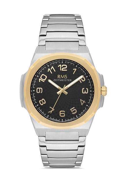 RMS Zeitmeister Black Dial Gold & Silver Plated Men's Watch - Stainless Steel Bracelet - RMS.1.AG2156.42