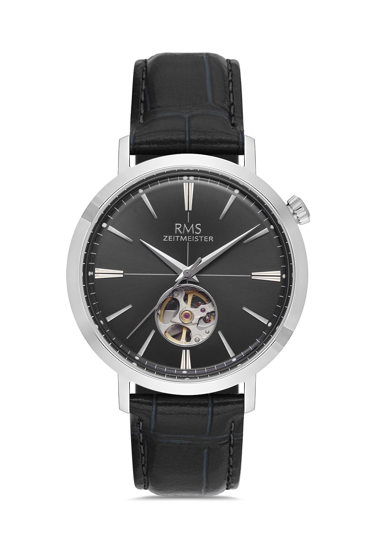 RMS Men's Black Dial Silver Automatic Leather Watch - RMS.1.AG1476.12