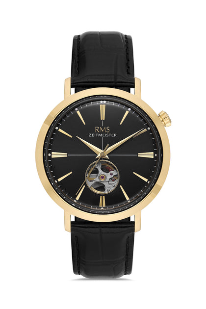 RMS Zeitmeister Black Dial Gold Plated Men's Watch - Black Genuine Leather Strap - RMS.1.AG1476.172