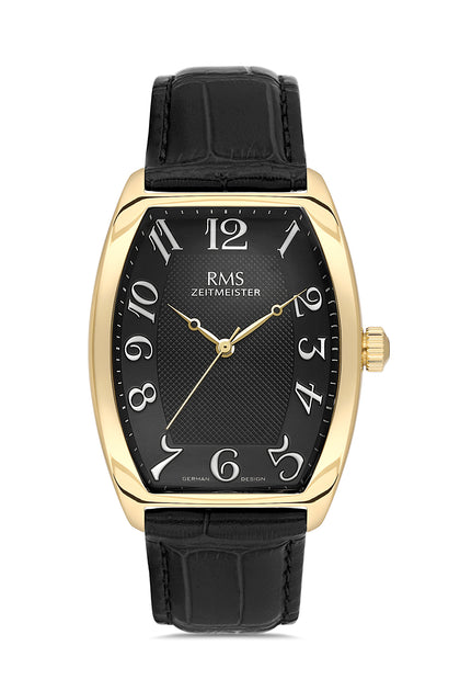RMS Zeitmeister Black Dial Gold Plated Men's Watch - Black Genuine Leather Strap - RMS.1.AG1533.172