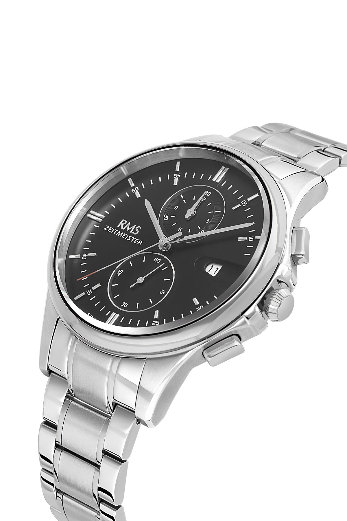 RMS Zeitmeister RMS.1.AG2074.02 men's watch with black dial, silver case and stainless steel bracelet – angled view
