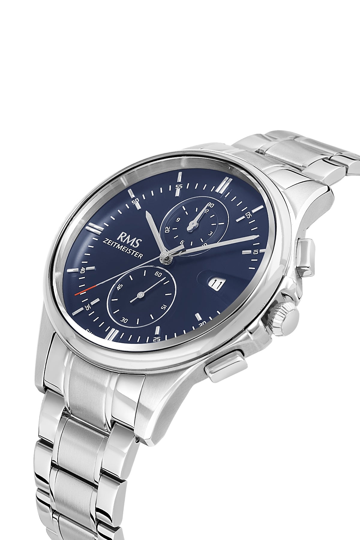 RMS Zeitmeister RMS.1.AG2074.04 men's watch with blue dial, silver case and stainless steel bracelet – side view