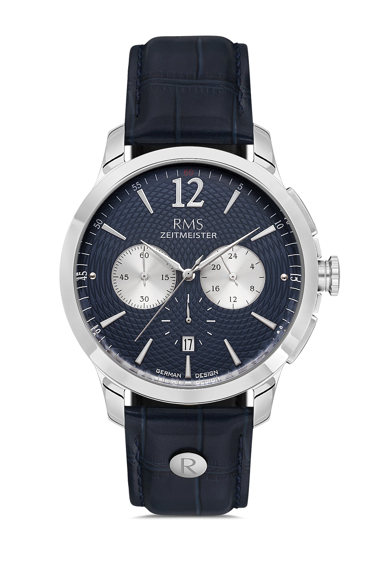 RMS Zeitmeister Navy Dial Silver Plated Men's Watch - Blue Genuine Leather Strap - RMS.1.AG1259.103