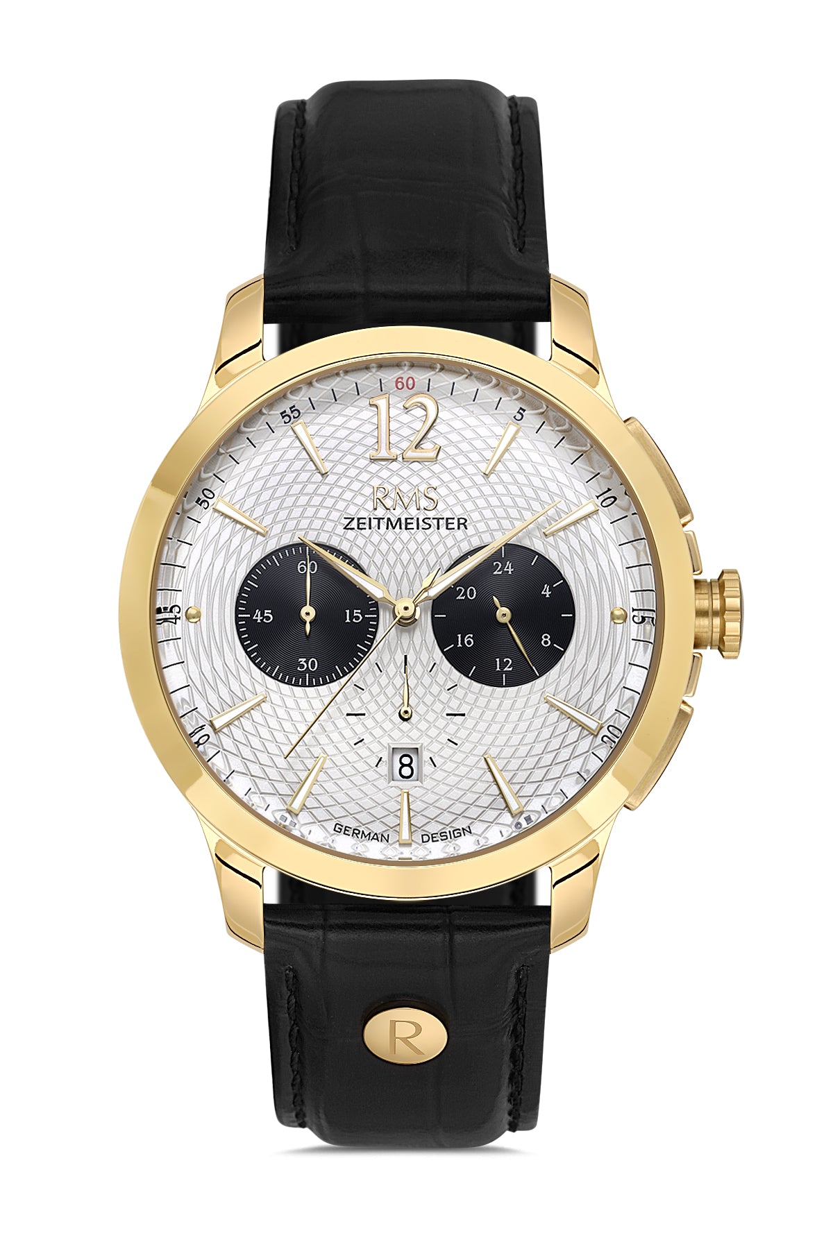 RMS Zeitmeister White Dial Gold Plated Men's Watch - Black Genuine Leather Strap - RMS.1.AG1259.170