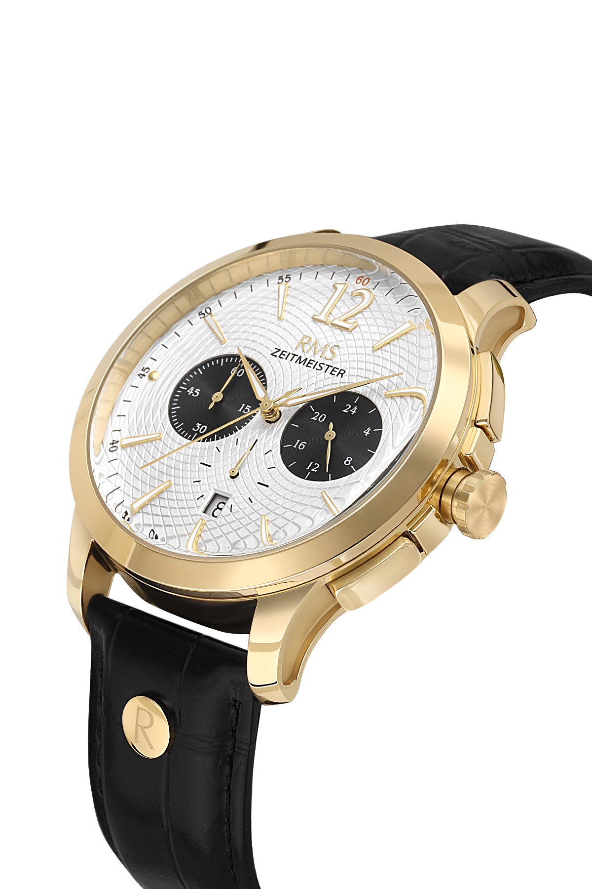 RMS Zeitmeister White Dial Gold Plated Men's Watch - Black Genuine Leather Strap - RMS.1.AG1259.170