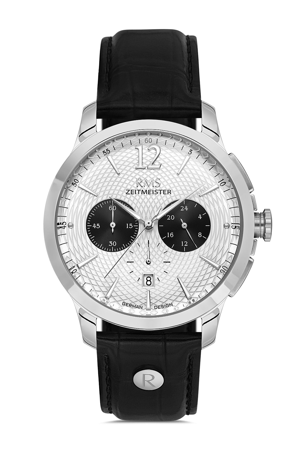 RMS Zeitmeister White Dial Silver Plated Men's Watch - Black Genuine Leather Strap - RMS.1.AG1259.90