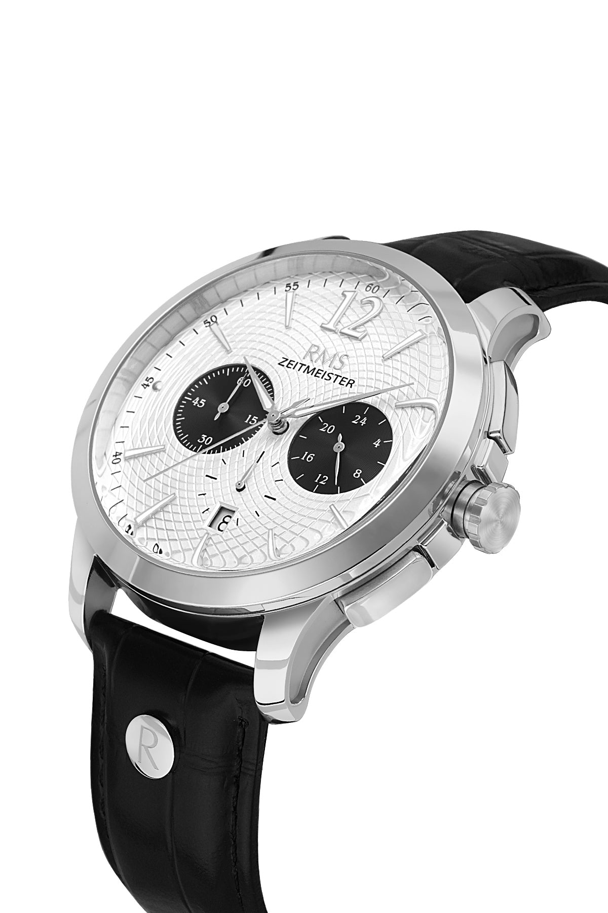 RMS Zeitmeister White Dial Silver Plated Men's Watch - Black Genuine Leather Strap - RMS.1.AG1259.90