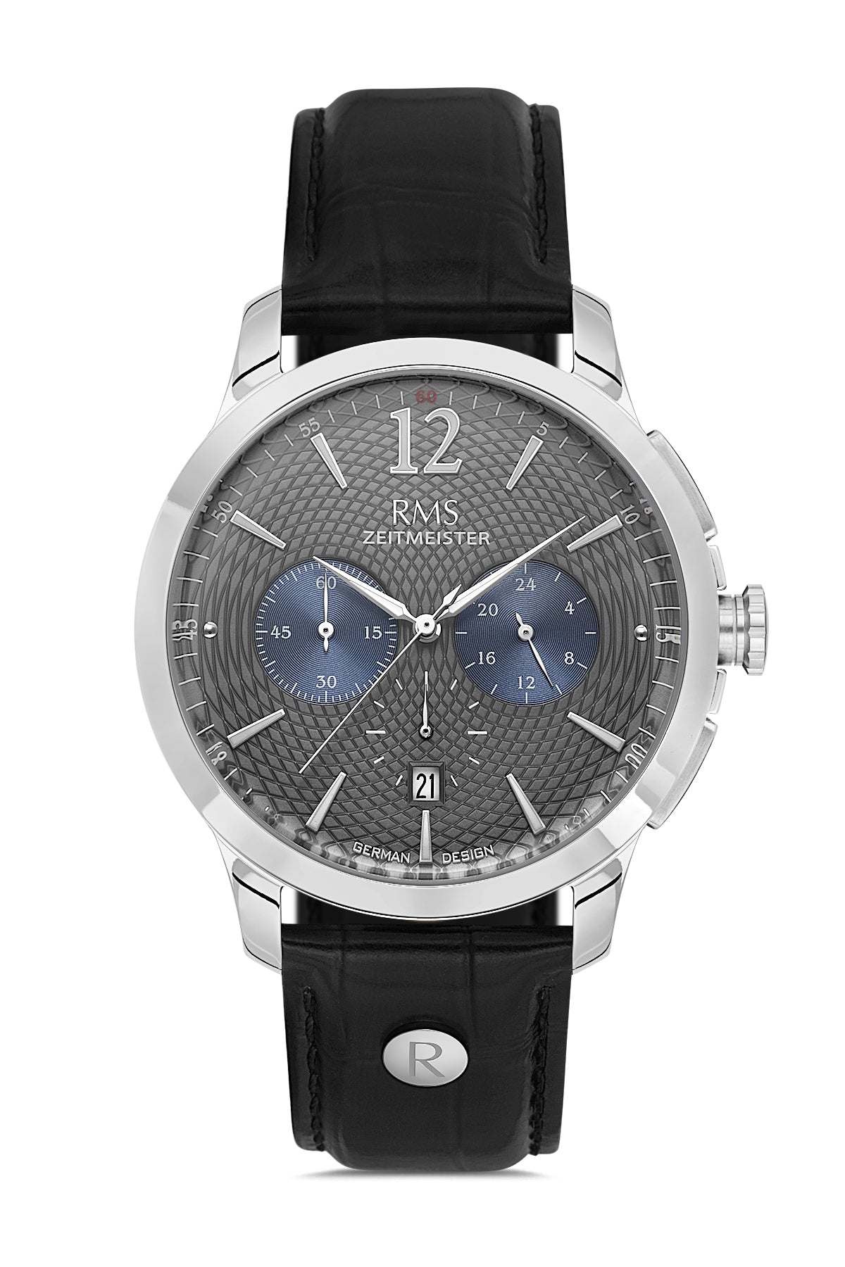 RMS Zeitmeister Grey Dial Silver Plated Men's Watch - Black Genuine Leather Strap - RMS.1.AG1259.916