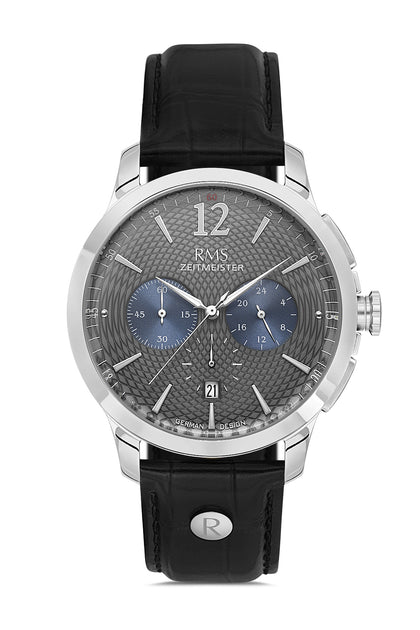 RMS Zeitmeister Grey Dial Silver Plated Men's Watch - Black Genuine Leather Strap - RMS.1.AG1259.916