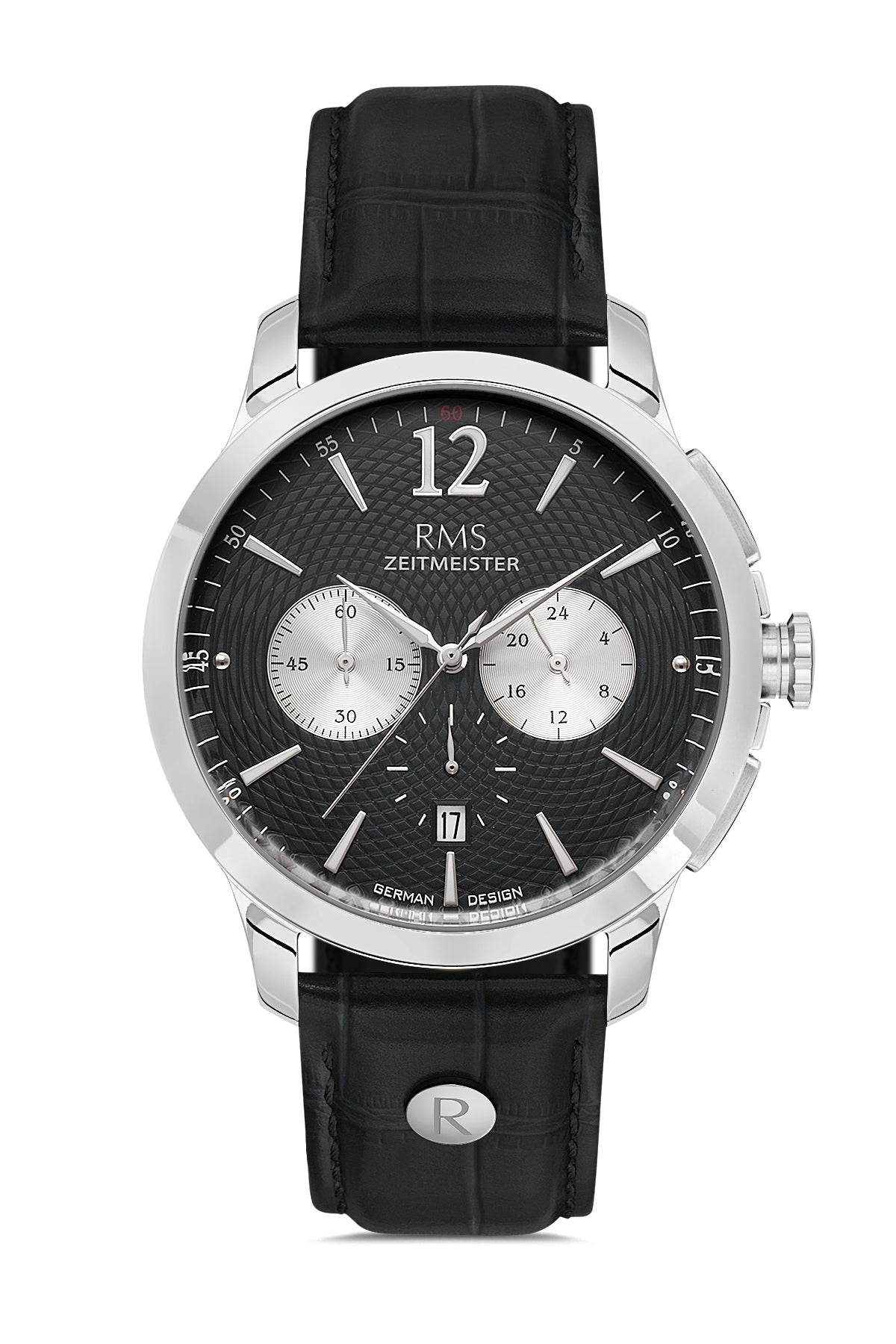 RMS Zeitmeister Black Dial Silver Plated Men's Watch - Black Genuine Leather Strap - RMS.1.AG1259.92