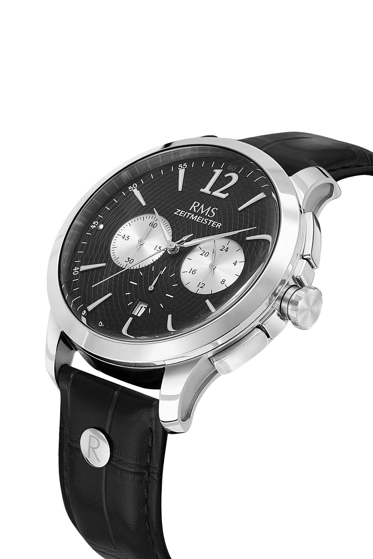 RMS Zeitmeister Black Dial Silver Plated Men's Watch - Black Genuine Leather Strap - RMS.1.AG1259.92