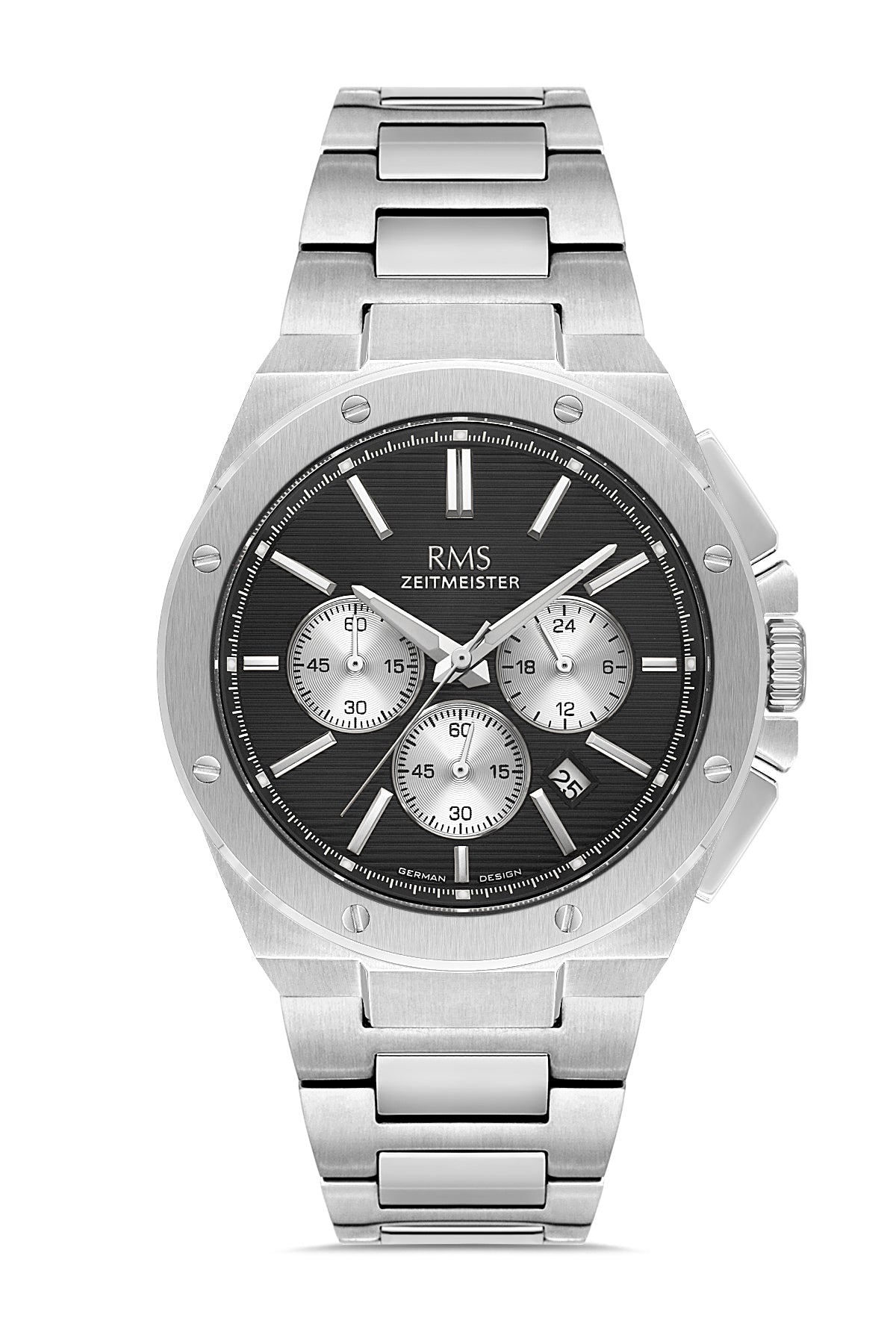 RMS Zeitmeister Black Dial Silver Plated Men's Watch - Stainless Steel Bracelet - RMS.1.AG2134.12