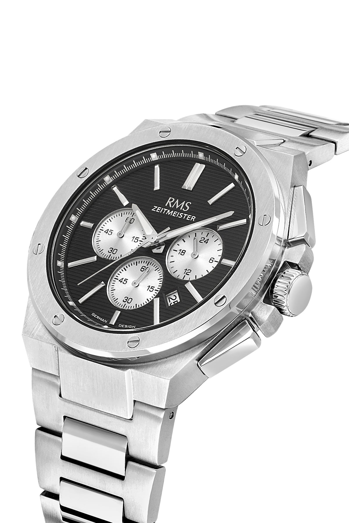 RMS Zeitmeister Black Dial Silver Plated Men's Watch - Stainless Steel Bracelet - RMS.1.AG2134.12