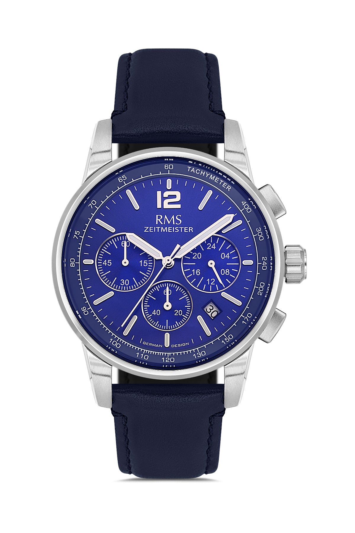 RMS Zeitmeister Navy Dial Silver Plated Men's Watch - Blue Genuine Leather Strap - RMS.1.AG2161.103