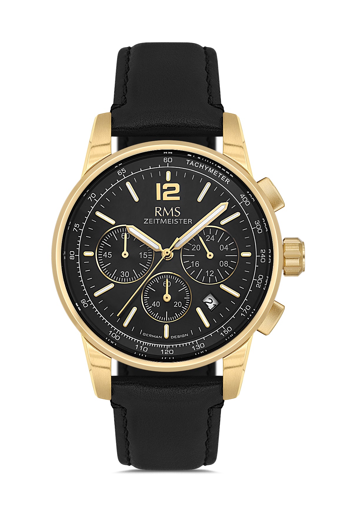 RMS Zeitmeister Black Dial Gold Plated Men's Watch - Black Genuine Leather Strap - RMS.1.AG2161.172
