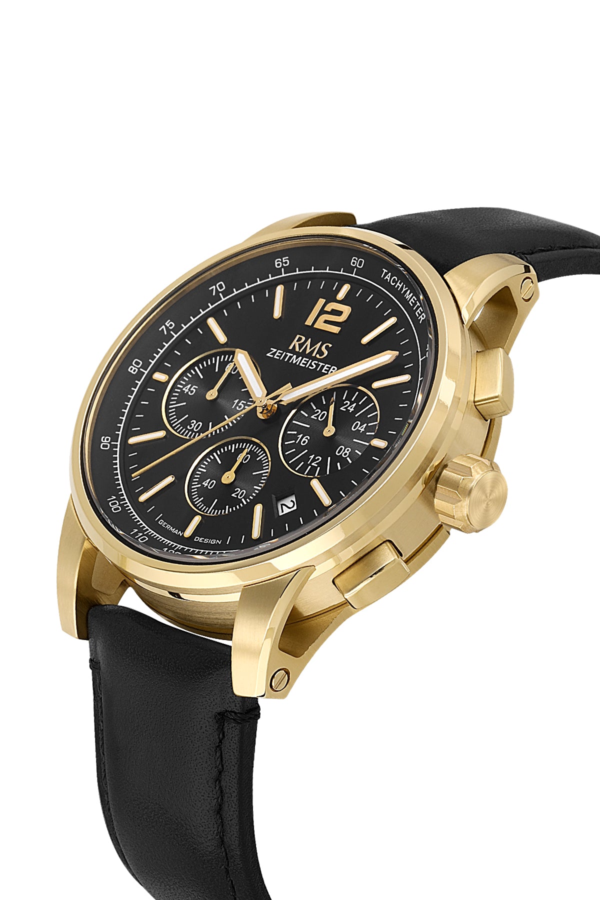 RMS Zeitmeister Black Dial Gold Plated Men's Watch - Black Genuine Leather Strap - RMS.1.AG2161.172