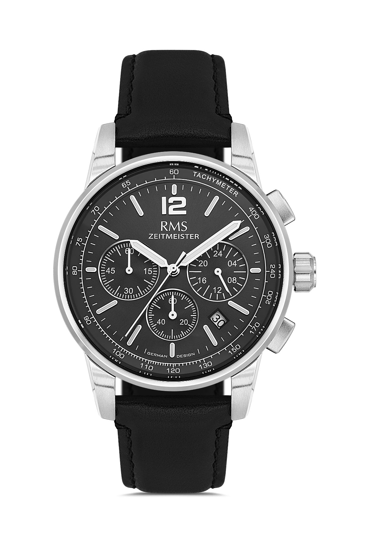 RMS Zeitmeister Black Dial Silver Plated Men's Watch - Black Genuine Leather Strap - RMS.1.AG2161.92