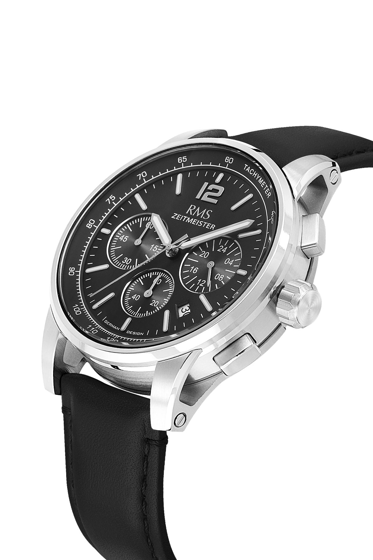 RMS Zeitmeister Black Dial Silver Plated Men's Watch - Black Genuine Leather Strap - RMS.1.AG2161.92
