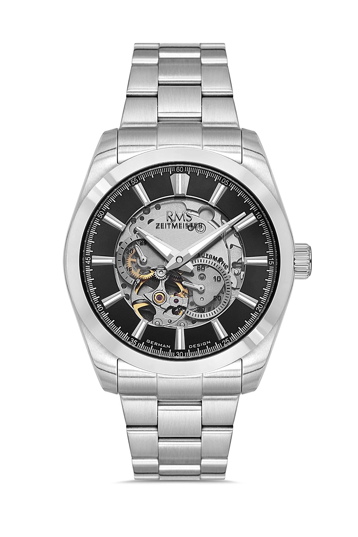 RMS Zeitmeister Black Dial Silver Plated Men's Watch - Stainless Steel Bracelet - RMS.1.AG2195.12