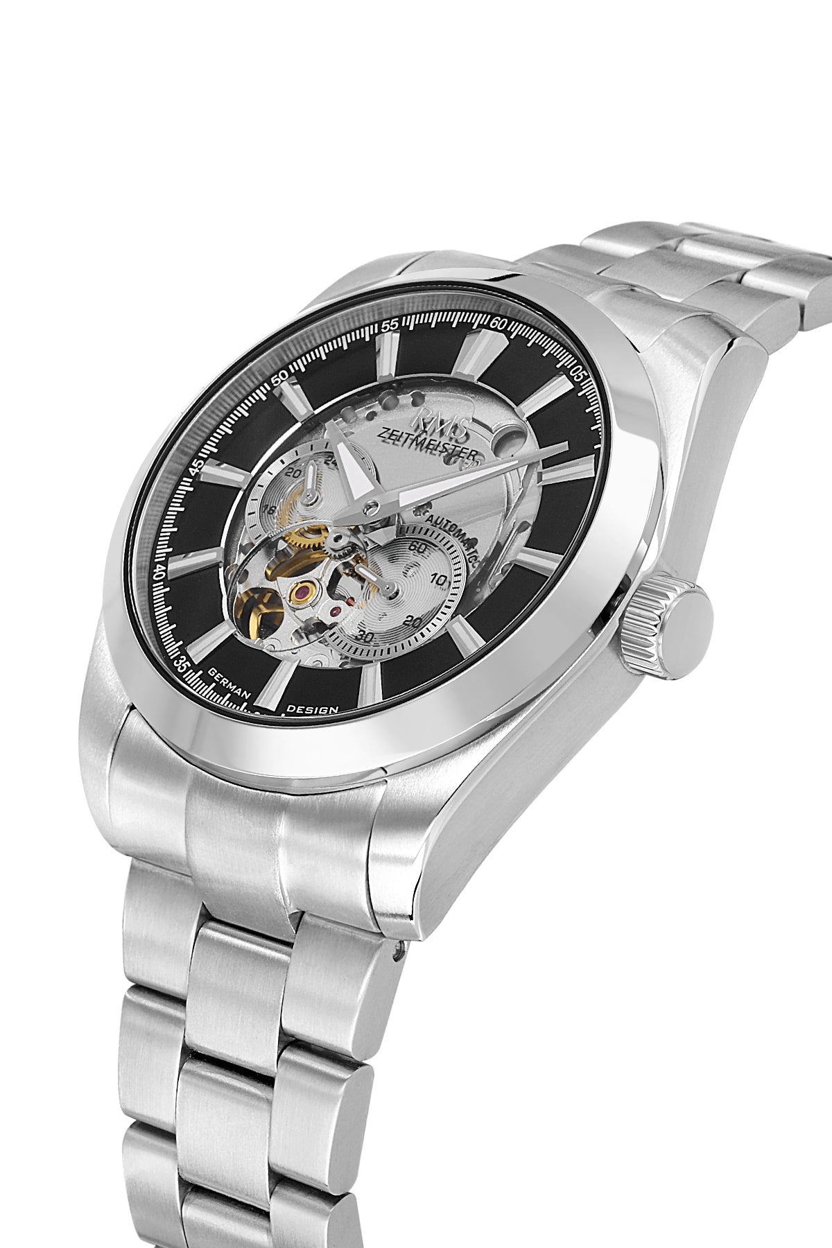RMS Zeitmeister Black Dial Silver Plated Men's Watch - Stainless Steel Bracelet - RMS.1.AG2195.12