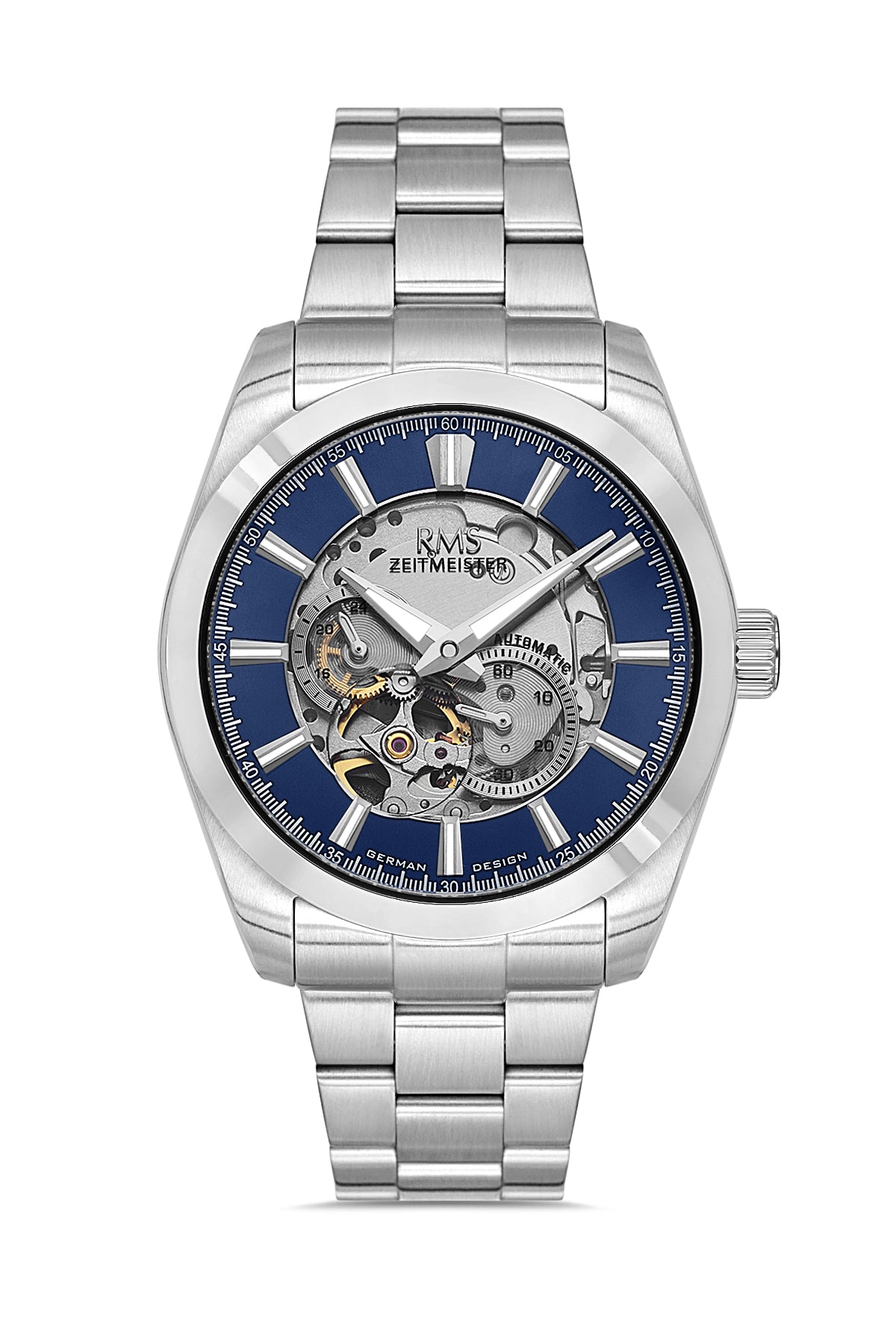 RMS Zeitmeister Blue Dial Silver Plated Men's Watch - Stainless Steel Bracelet - RMS.1.AG2195.13