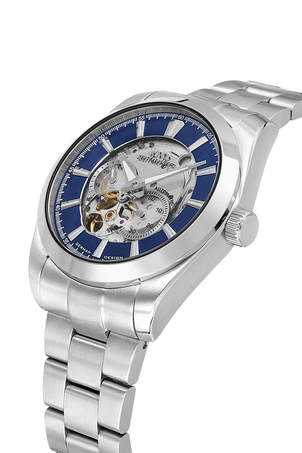 RMS Zeitmeister Blue Dial Silver Plated Men's Watch - Stainless Steel Bracelet - RMS.1.AG2195.13