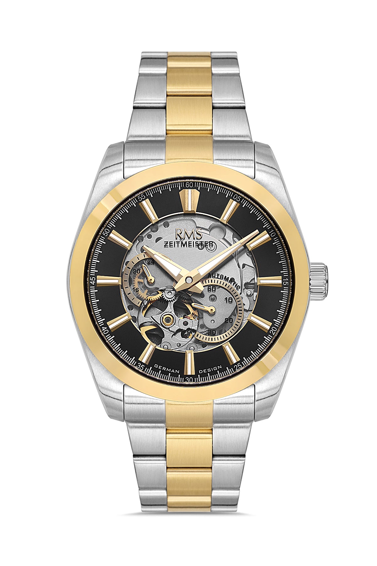 RMS Zeitmeister Black Dial Gold & Silver Plated Men's Watch - Stainless Steel Bracelet - RMS.1.AG2195.42