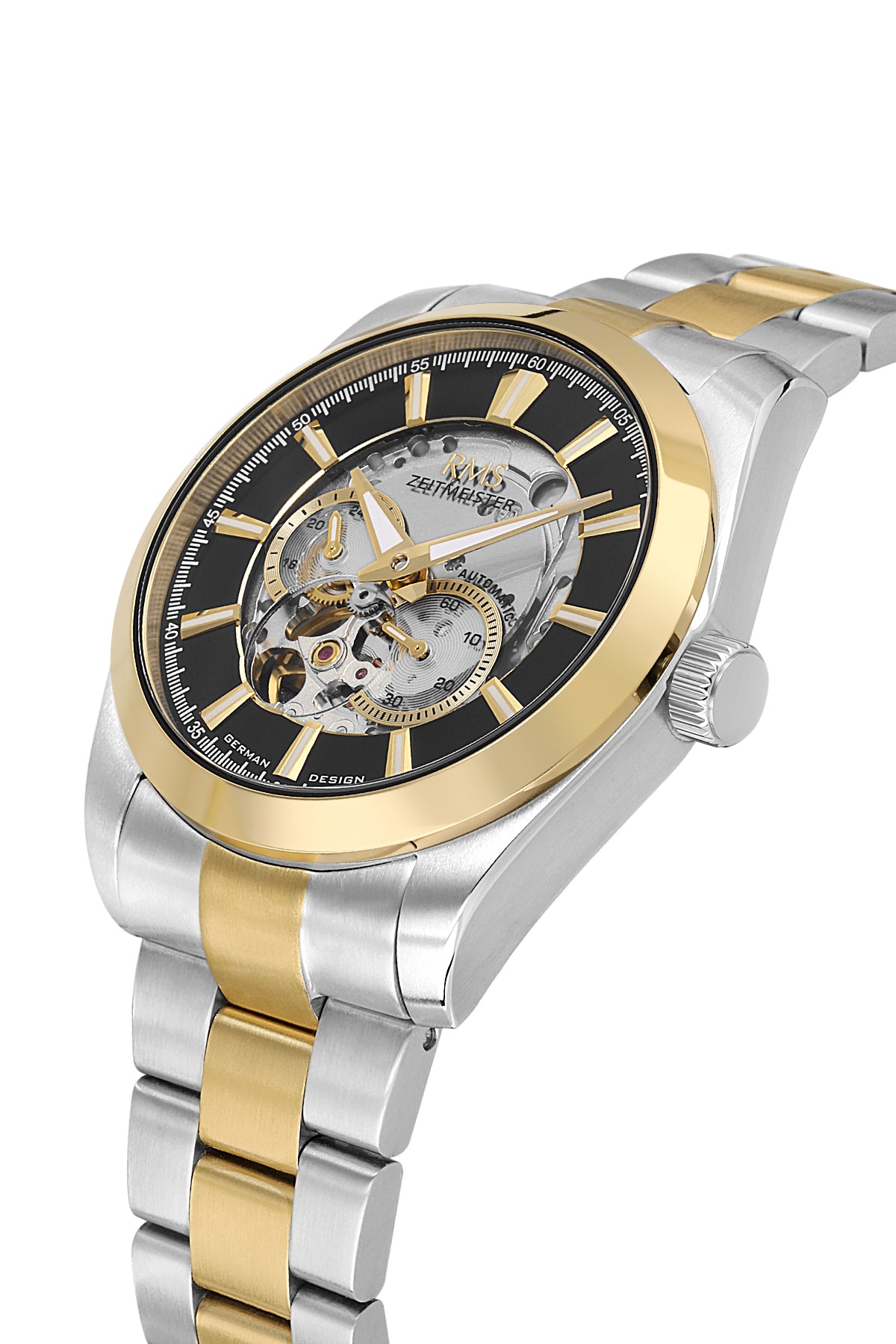 RMS Zeitmeister Black Dial Gold & Silver Plated Men's Watch - Stainless Steel Bracelet - RMS.1.AG2195.42