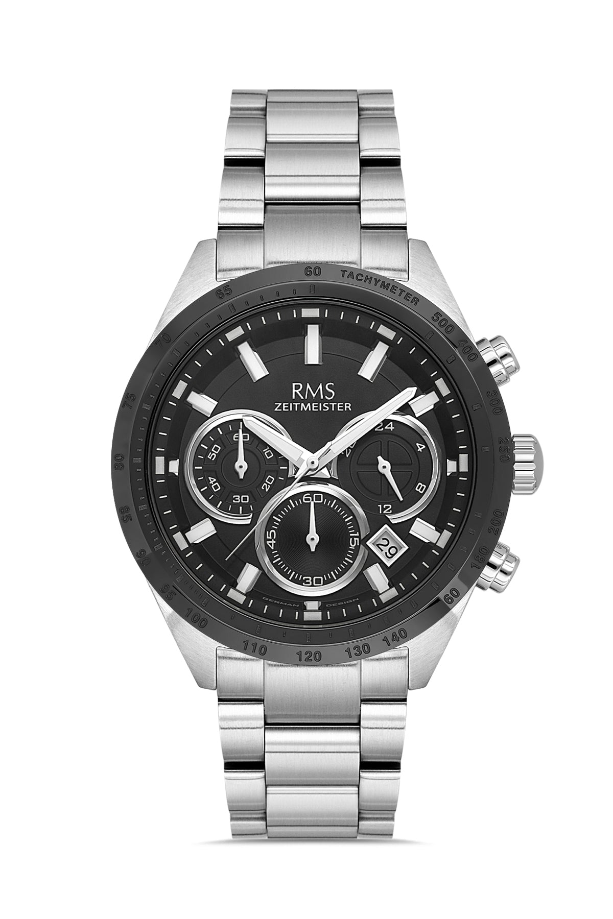 RMS Zeitmeister Black Dial Silver Plated Men's Watch - Stainless Steel Bracelet - RMS.1.AG2197.92