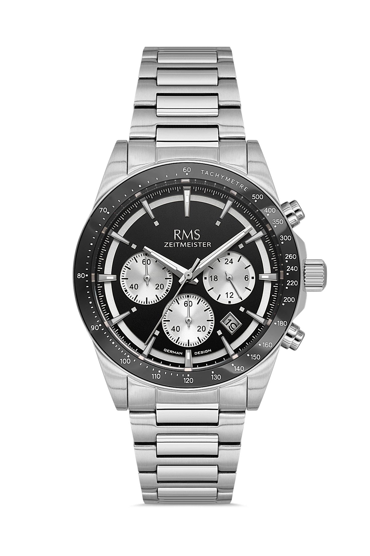 RMS Zeitmeister Black Dial Silver Plated Men's Watch - Stainless Steel Bracelet - RMS.1.AG2198.12