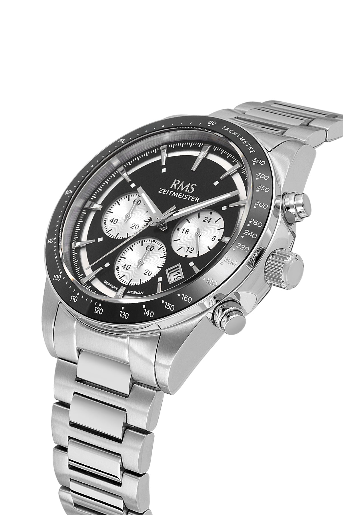 RMS Zeitmeister Black Dial Silver Plated Men's Watch - Stainless Steel Bracelet - RMS.1.AG2198.12