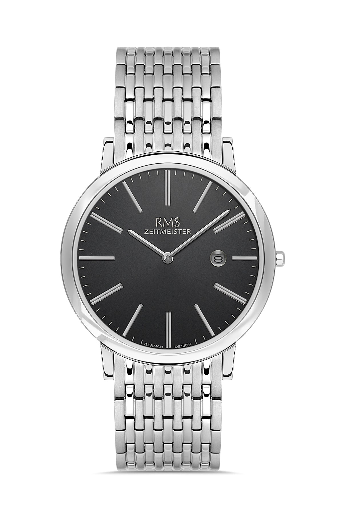 RMS Zeitmeister Black Dial Silver Plated Men's Watch - Stainless Steel Bracelet - RMS.1.AG2208.12