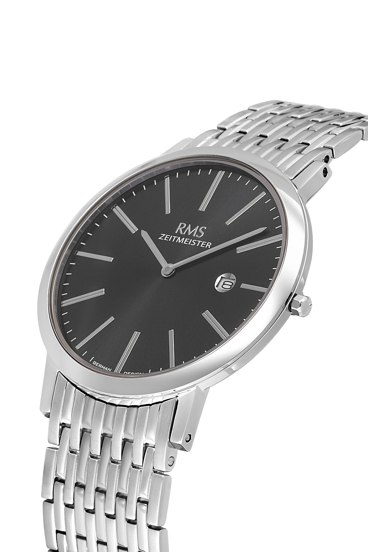 RMS Zeitmeister Black Dial Silver Plated Men's Watch - Stainless Steel Bracelet - RMS.1.AG2208.12