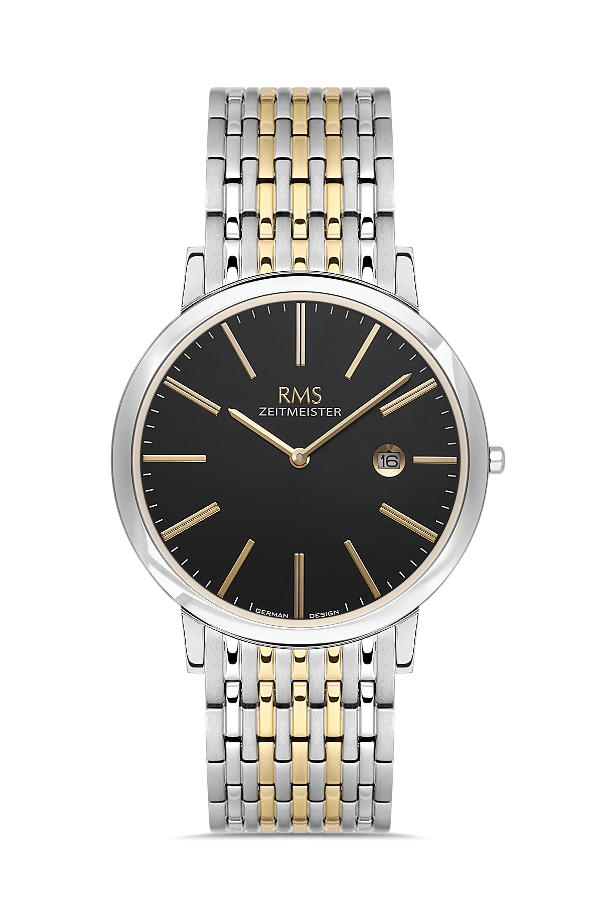 RMS Zeitmeister Black Dial Gold & Silver Plated Men's Watch - Stainless Steel Bracelet - RMS.1.AG2208.42