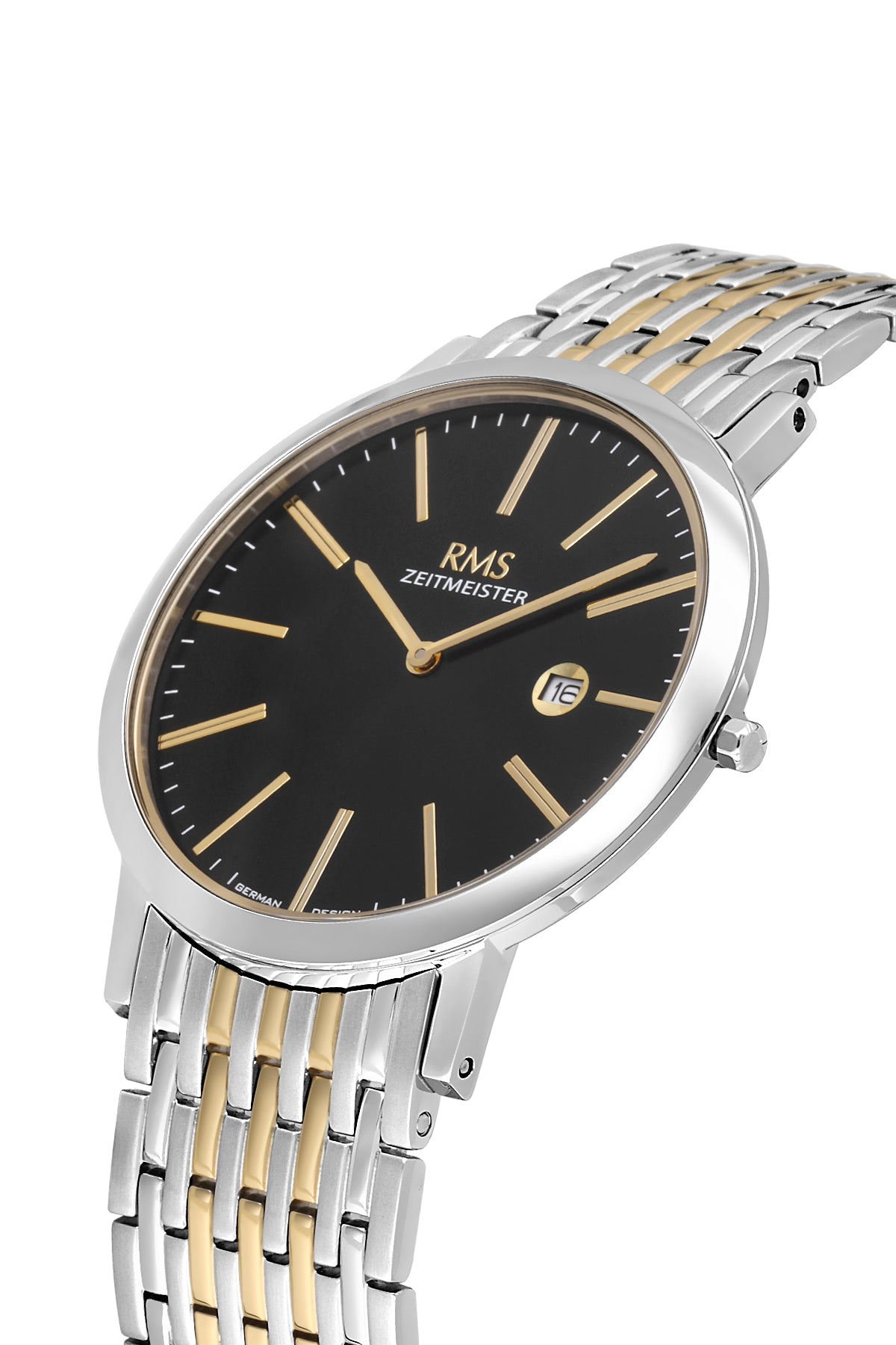 RMS Zeitmeister Black Dial Gold & Silver Plated Men's Watch - Stainless Steel Bracelet - RMS.1.AG2208.42