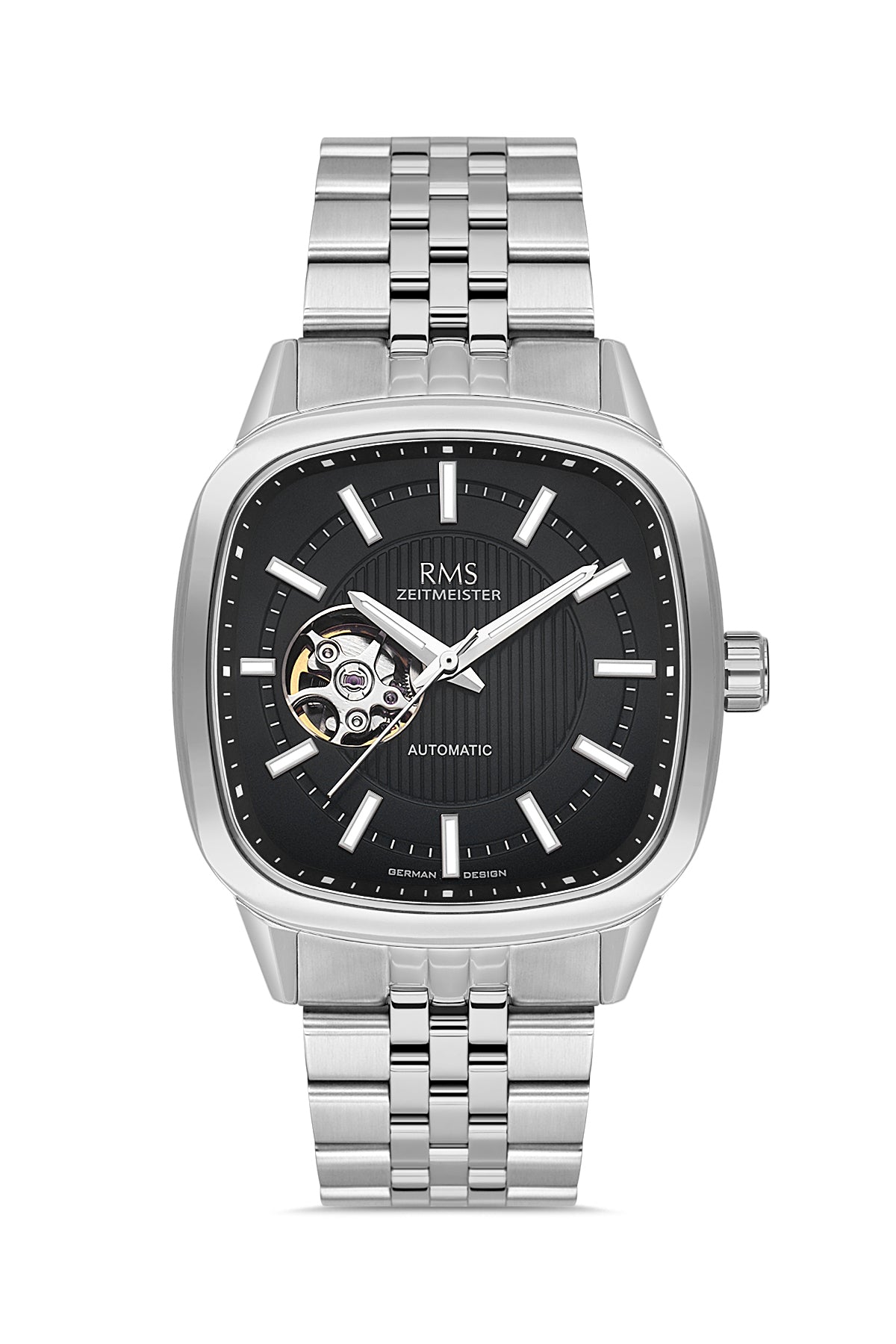 RMS Zeitmeister RMS.1.AG2233.12 men's watch with black dial, silver case and stainless steel bracelet