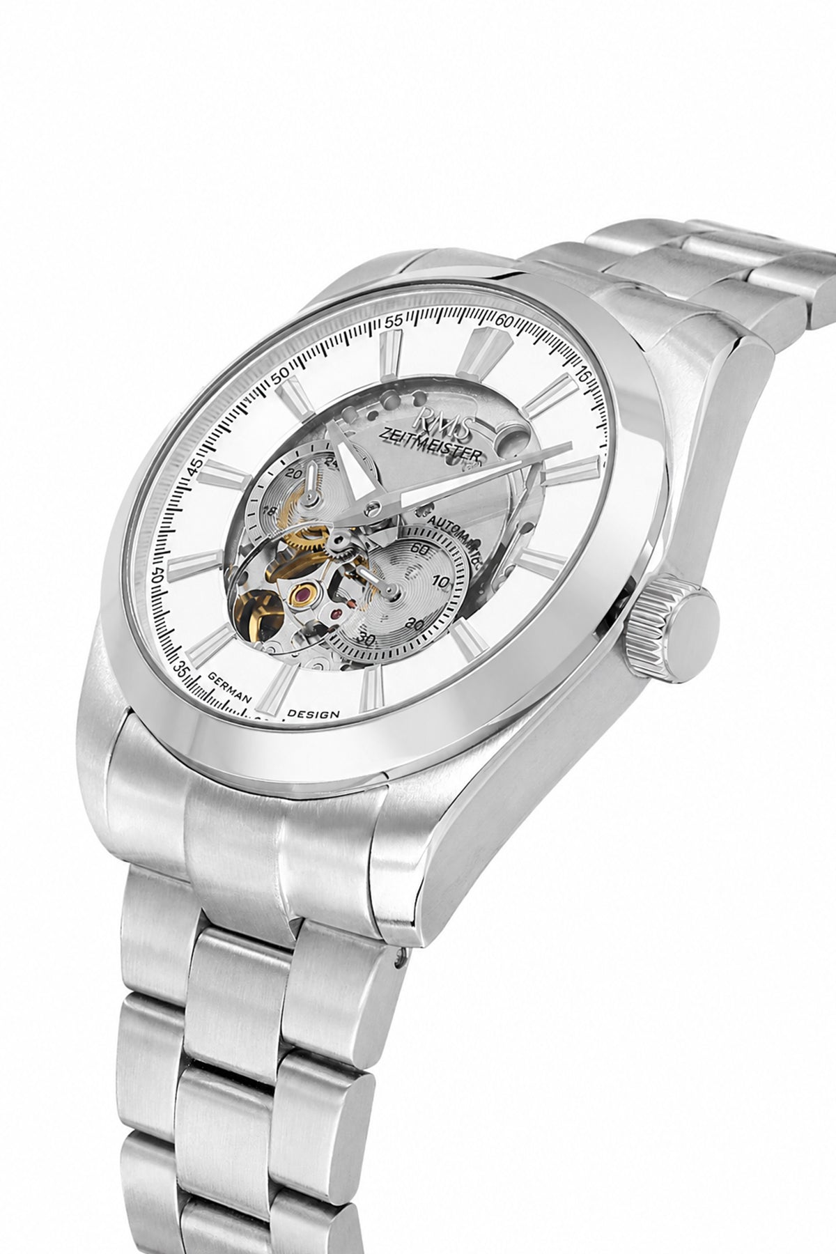 RMS Zeitmeister Silver Dial Silver Plated Men's Watch - Stainless Steel Bracelet - RMS.1.AG2195.10